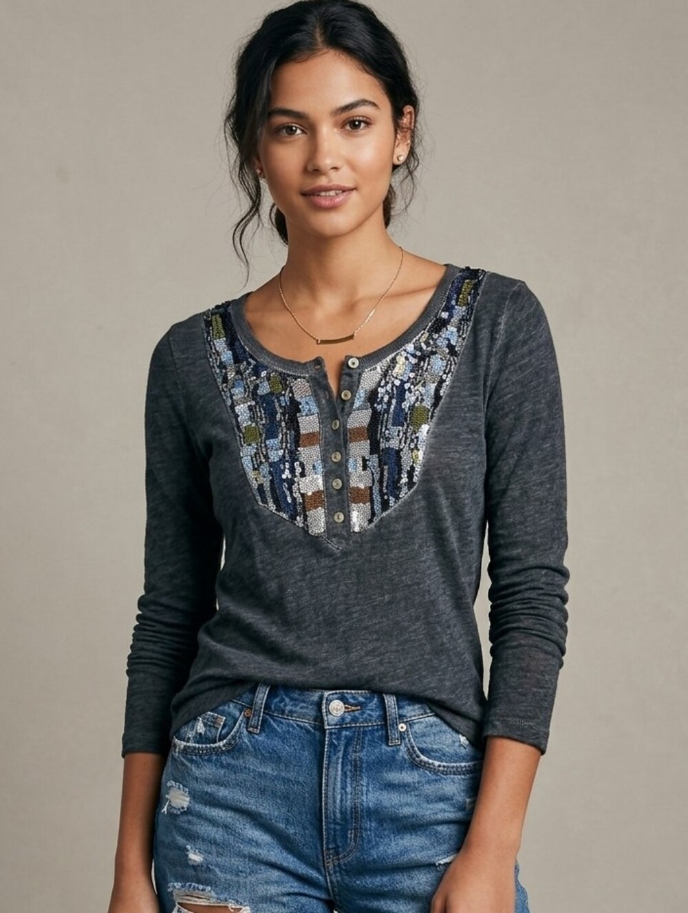 Free People Gray Sequin Long Sleeve Top